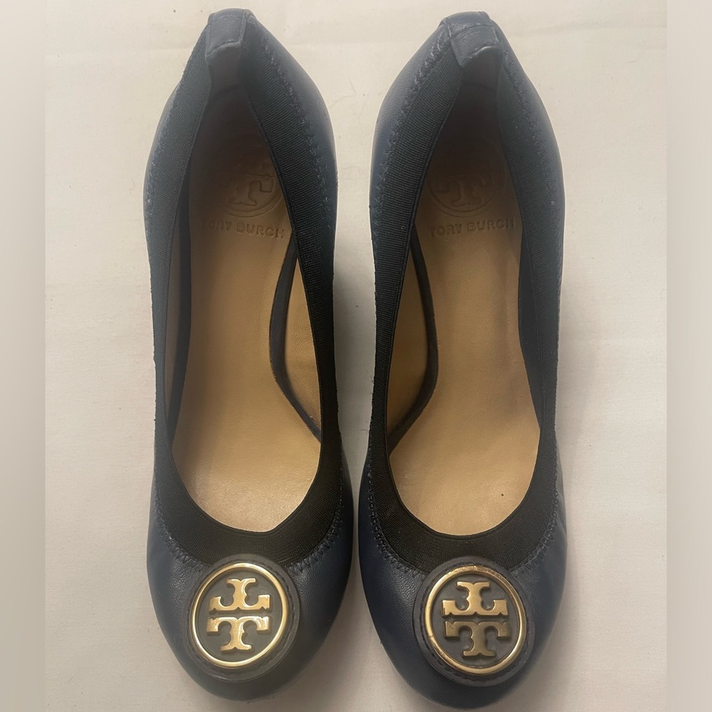 Tory Burch Navy Wedges with Gold Logo